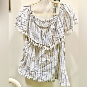 Striped Cotton Blend Blue and White Tasseled Women's Top